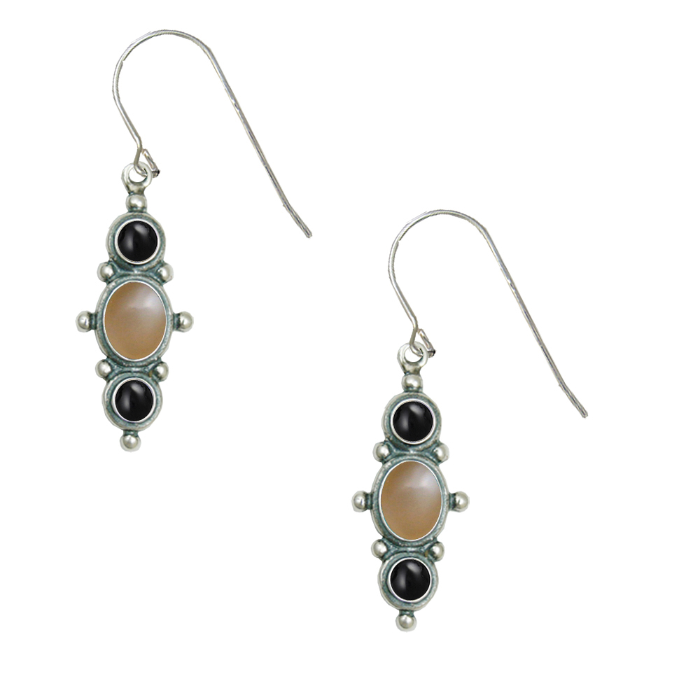 Sterling Silver Drop Dangle Earrings With Peach Moonstone And Black Onyx